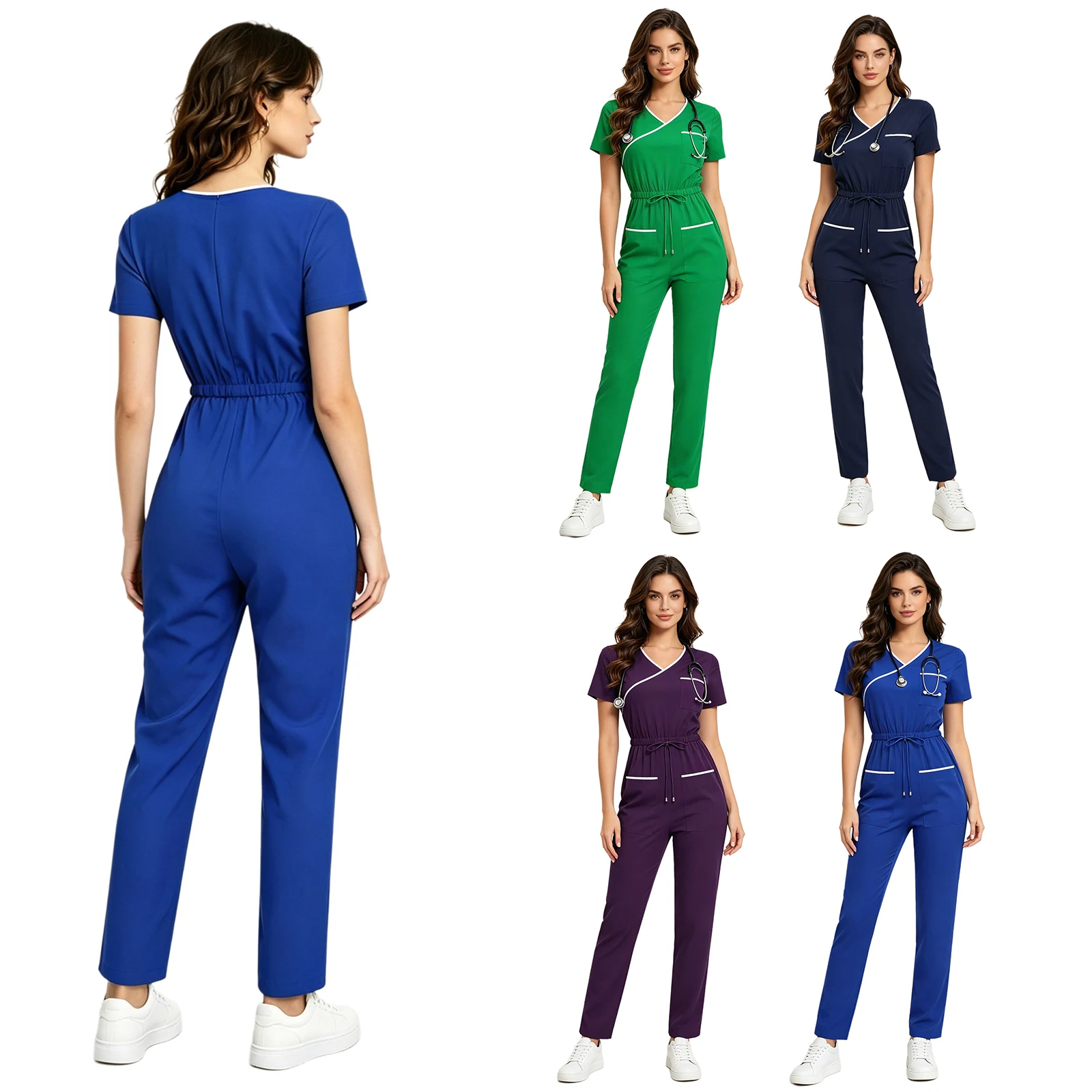 Womens Scrubs Jumpsuit Nurse Doctor Medical Uniform V Neck Short Sleeve Drawstring Elastic Waist One Piece Rompers Workwear