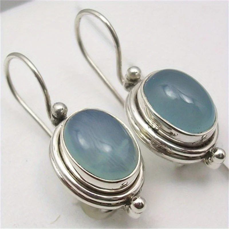 Vintage Silberfarbene Ovale Ohrringe mit Meeresblauem Stein für Damen, Party und Alltag