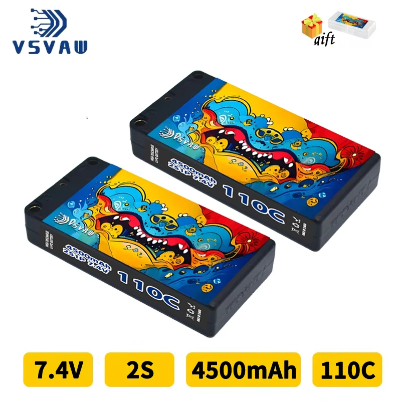 Upgraded VSVAW 2S RC Lipo Battery 7.4V 4500mAh 110C Compatible with 1/10 Drift Car Remote Control Car Hard Shell Battery
