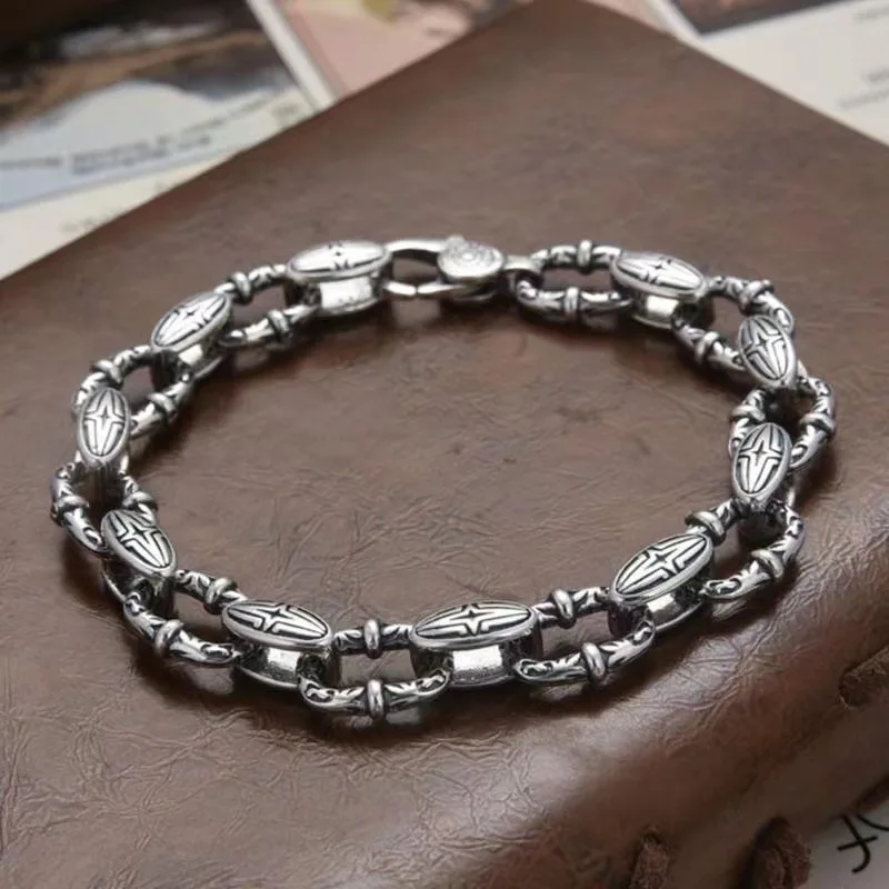 

S925 Sterling Silver Vine Pattern Bracelet for Men Vintage Retro Minimalist Engraved Hipster Jewelry