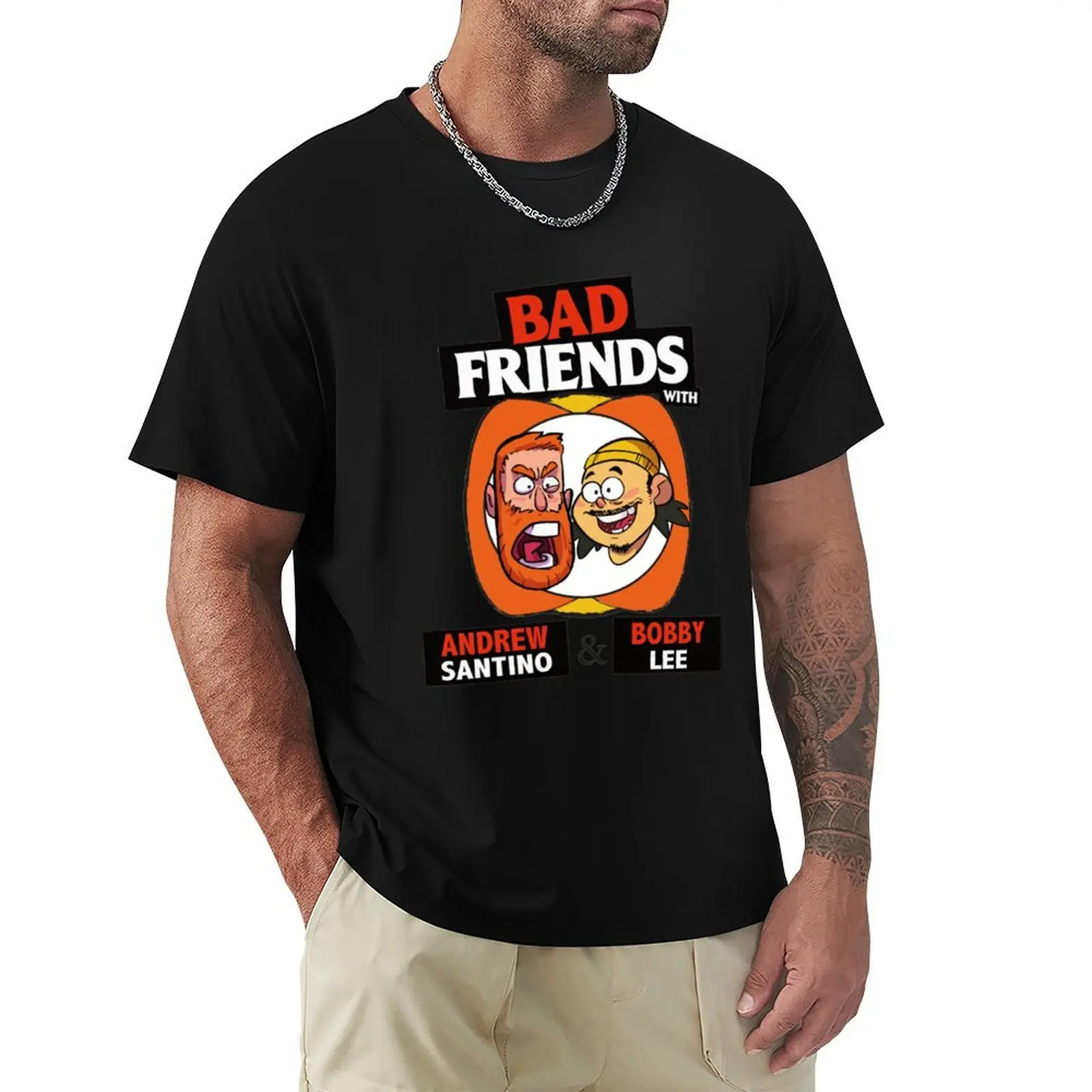 BAD FRIENDS PODCAST - BOBBY LEE - ANDREW SANTINO Camiseta de tamanho grande, camiseta casual solta