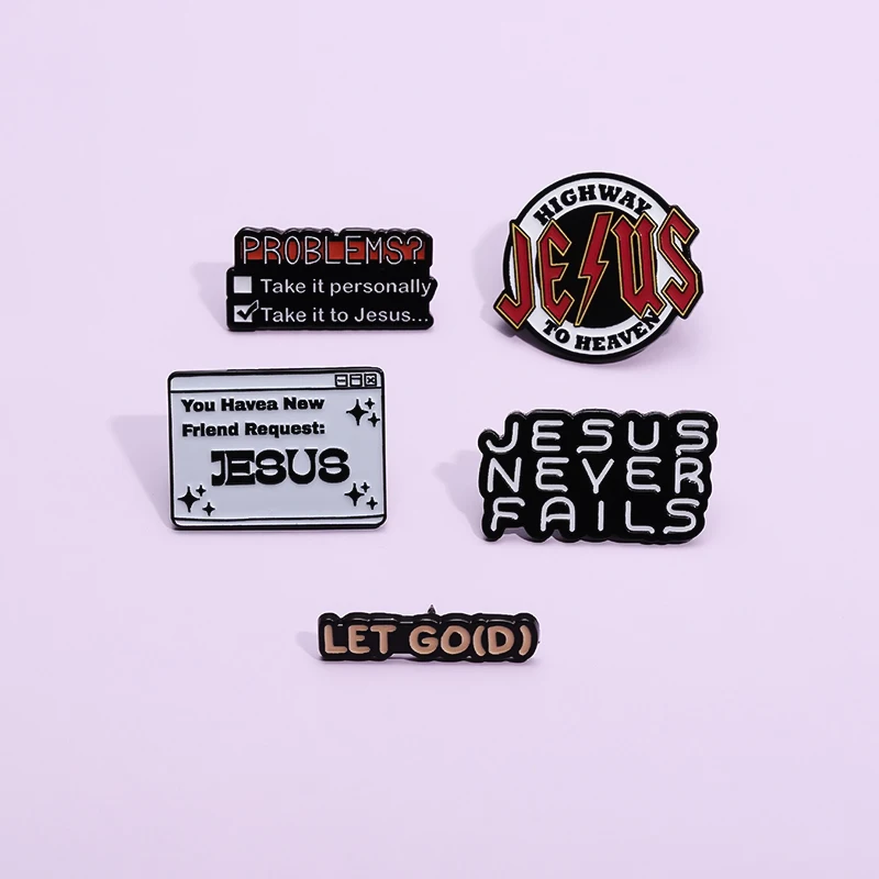 

Jesus Letter Enamel Pins Creative Let God Pun Christian Faith Brooches Lapel Badge Backpack Accessories for Gift Wholesale