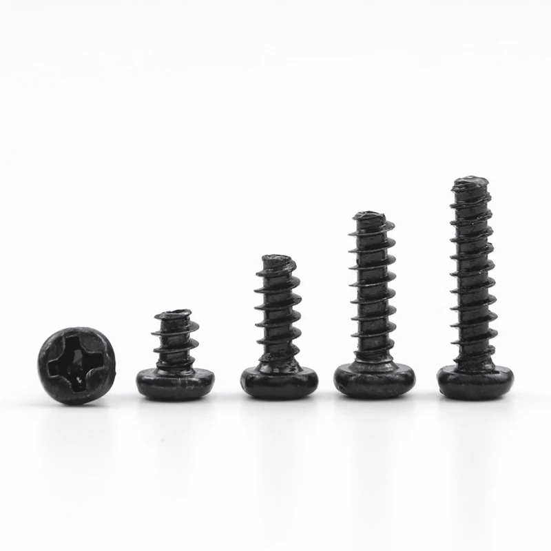 50-100pcs Cross Recessed Pan Head Flat Tail Self-tapping Screw M1.2 M1.7 M2 M2.3 M2.6 M3 M4 Black Carbon Steel Phillips Screw