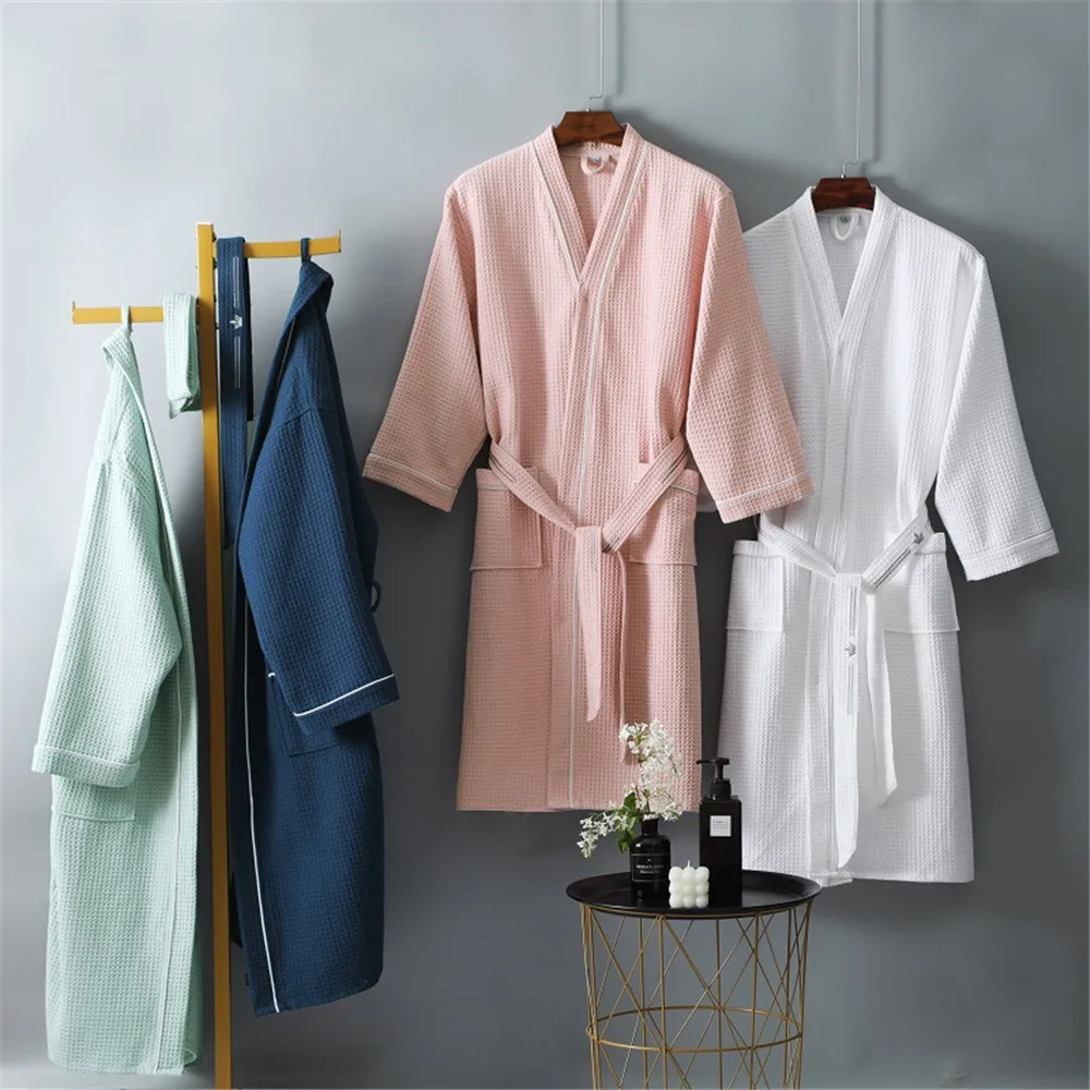 Solid Color Cotton Spring Autumn Waffle Couples Mid-long Yukata Bathrobe Homestay Hotel Couple Soft Bathrobes