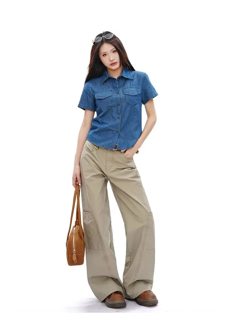 ملابس عمل جديدة على الطراز الأمريكي جينز كاكي عتيق مناسب لكل من الرجال والنساء بنطال ذو قصة أرجل واسعة وسراويل عصرية فضفاضة لأرضية الشارع