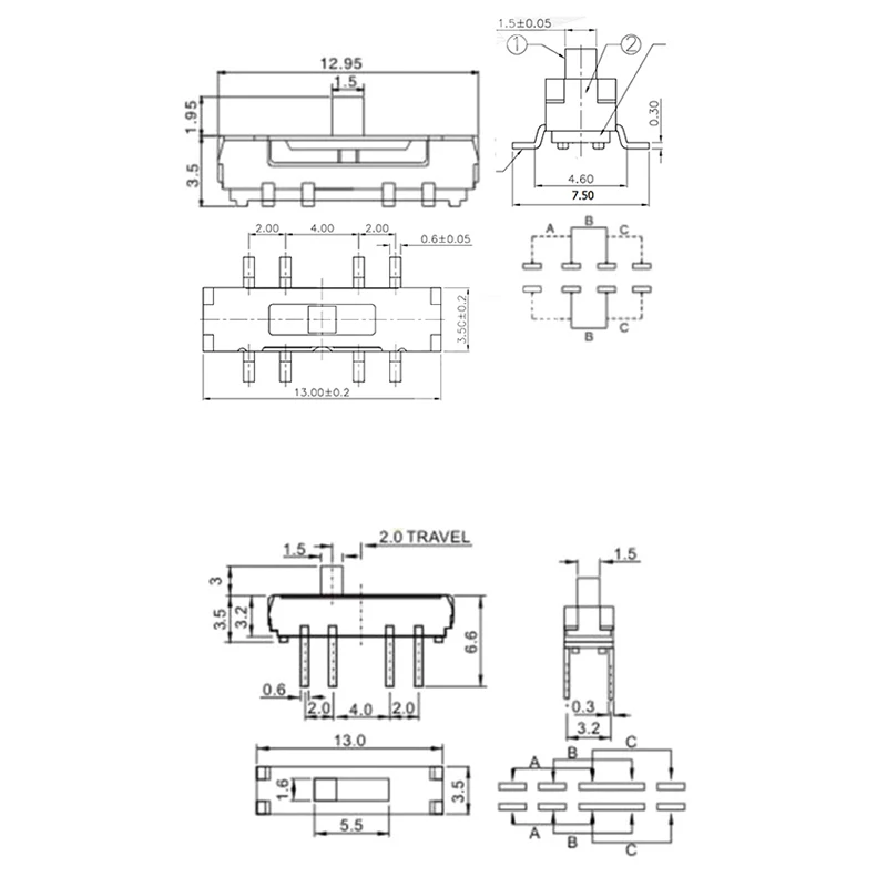 10PCS MSS23D18 toggle switch side slide switches MSS-23D18 8PIN 2P3T DPTT MSS-23D19 handle 2mm 3mm 4mm DIP SMD