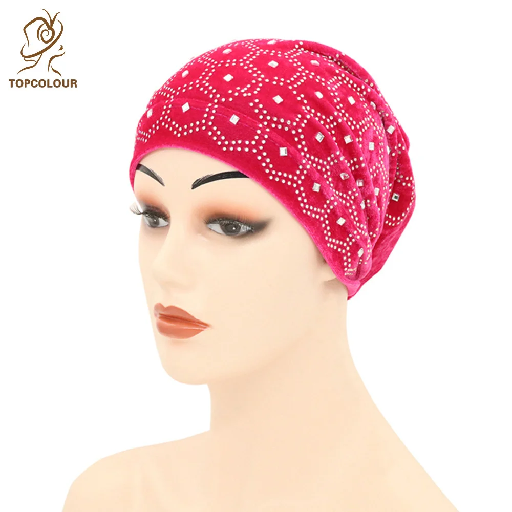 

Fashion Golden Velvet Hot Drill Baotou Cap, Confinement Chemotherapy Indian Cap, Muslim Headscarf Cap Underscarf Turbante