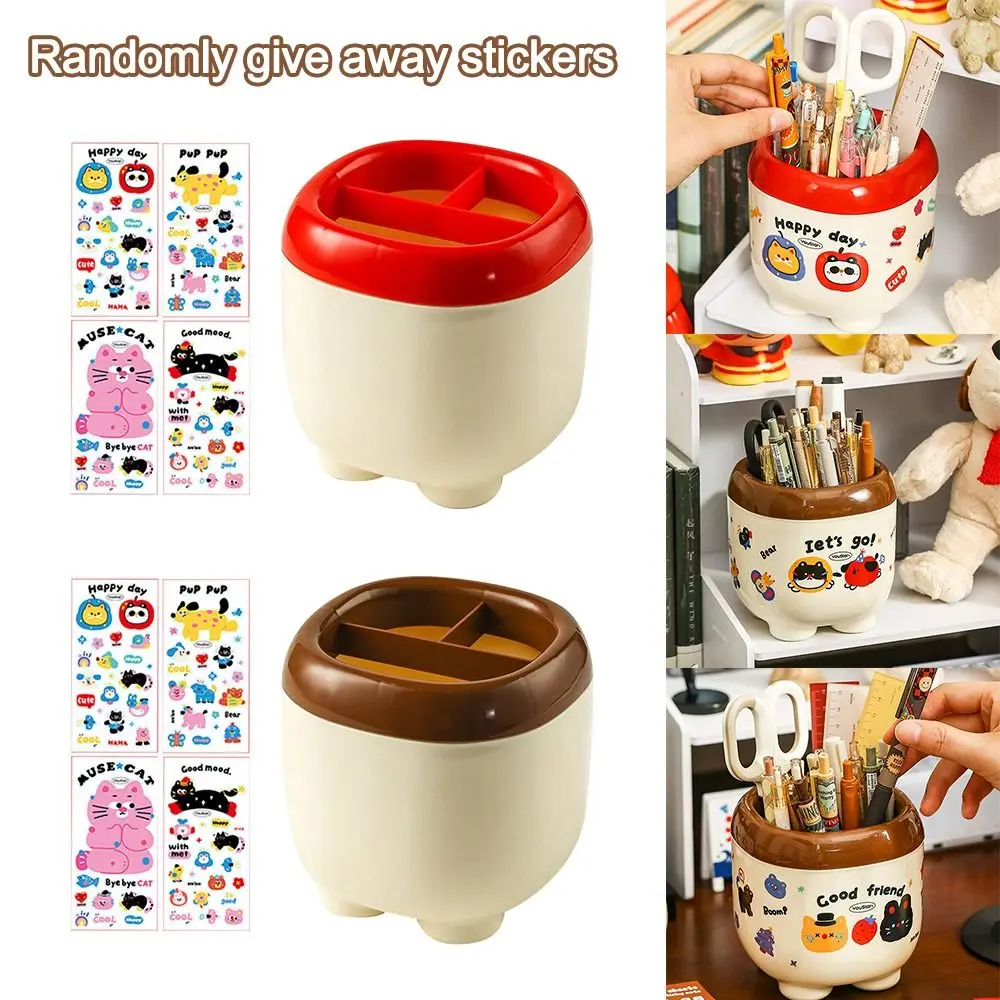 New Multi Grid Penholder Large Capacity Cartoon Pattern Table Storage Box with Stickers Stationery Box