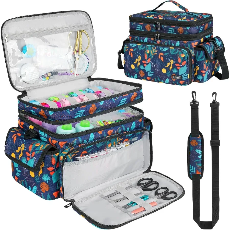 

Большой двухслойный органайзер для швейных принадлежностей с рисунком листьев для портативного хранения и путешествий, идеально подходящий для хранения швейных принадлежностей T