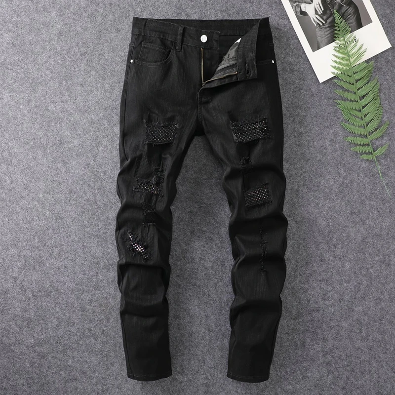2024 spring and summer hot selling men\'s white distressed hot drilling jeans slim fit stylish American high street trendy jeans