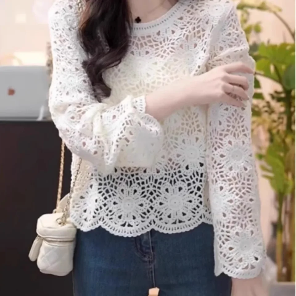 

Hollowed Out Crochet Knit Sweater Women Spring/Summer 2025 New Flared Long Sleeved Top Elegant O-neck Cover Shir