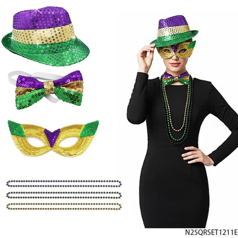 PESENAR Mardi Gras Conjunto de fantasia de lantejoulas Chapéu Máscara de gravata borboleta Colar de contas Acessório de festa