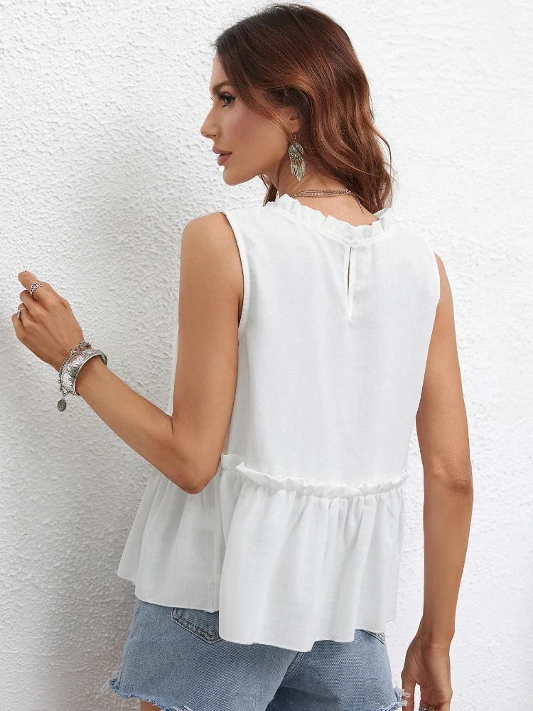 Fashion Women's Shirt Summer Trendy Sleeveless Round Neck Ruffled Buttons Pullover Pleated Quilting Flesh Covering Female Blouse