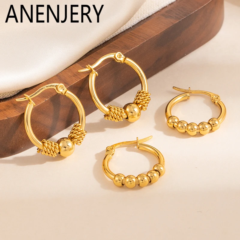 ANENJERY 316L Stainless Steel Lucky Beads Hoop Earrings For Women Vintage French Personality Punk Jewelry Gifts Wholesale