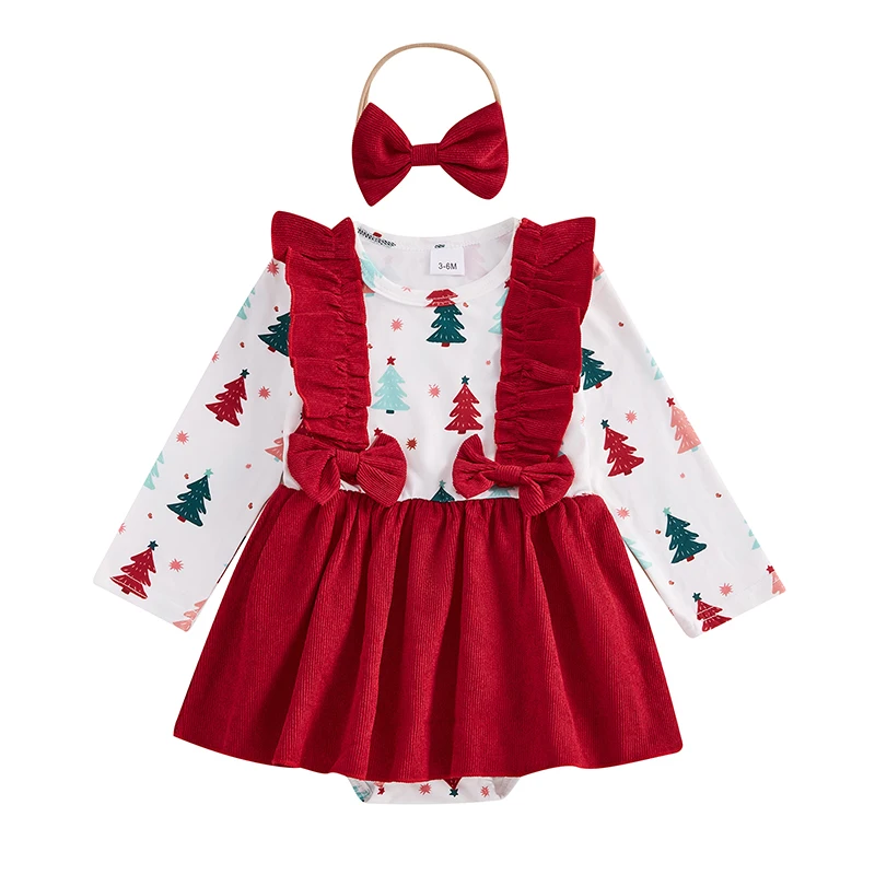 Baby Girls Christmas Outfit, Long Sleeve Tree Print Romper Dress with Headband Clothing Set