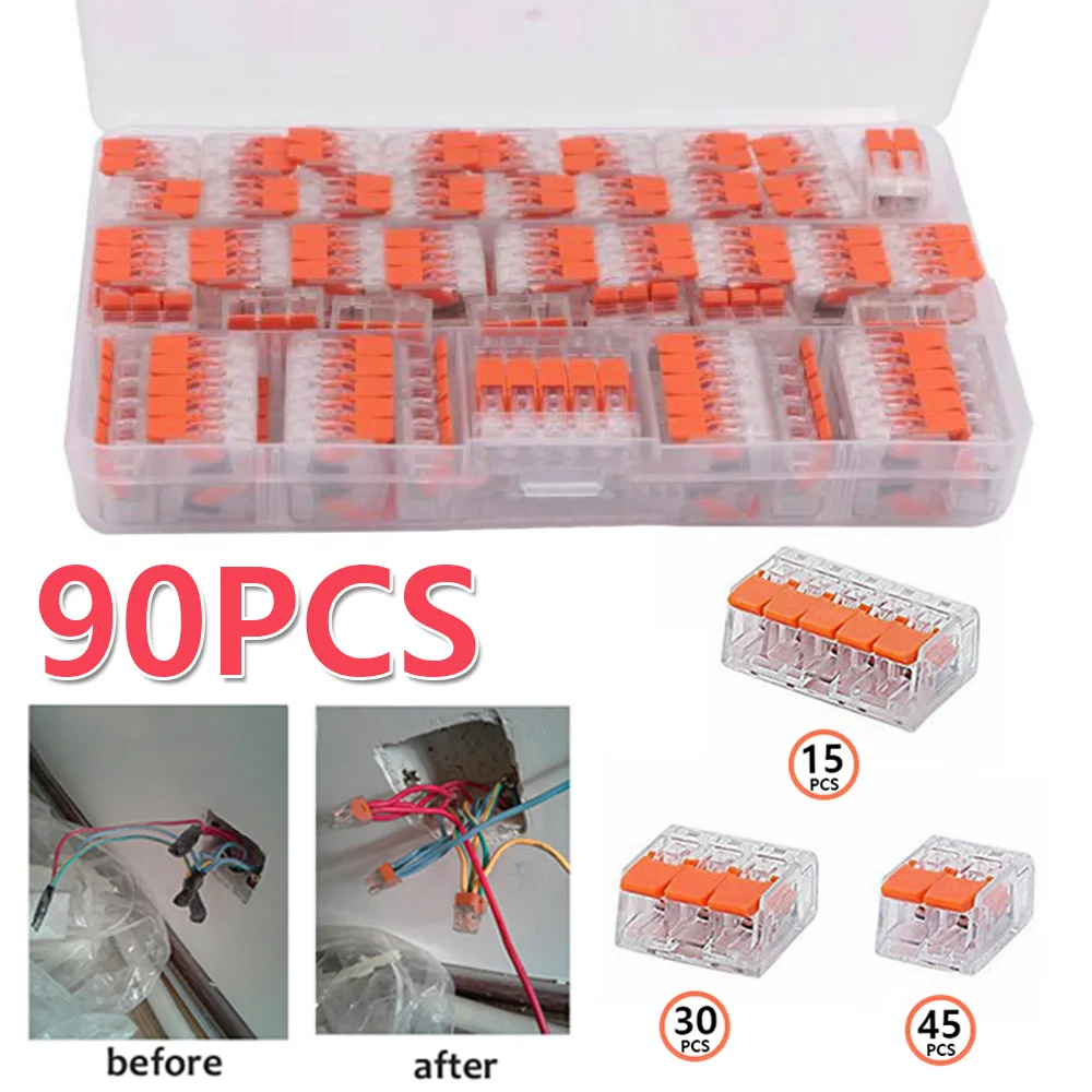 Morsettiere a leva da 90 pezzi, 221-412/221-413/221-415, per conduttori multifilari da 0,14-4mm², resistenti alle alte temperature, con foro per test di sicurezza