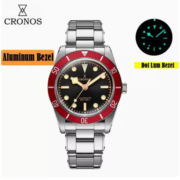 CRONOS Men Automatic Watch 37mm Mechanical Wristwatch Sapphire Diver 20ATM Waterproof BGW-9 Luminous PT5000 SW200 Ceramic Bezel