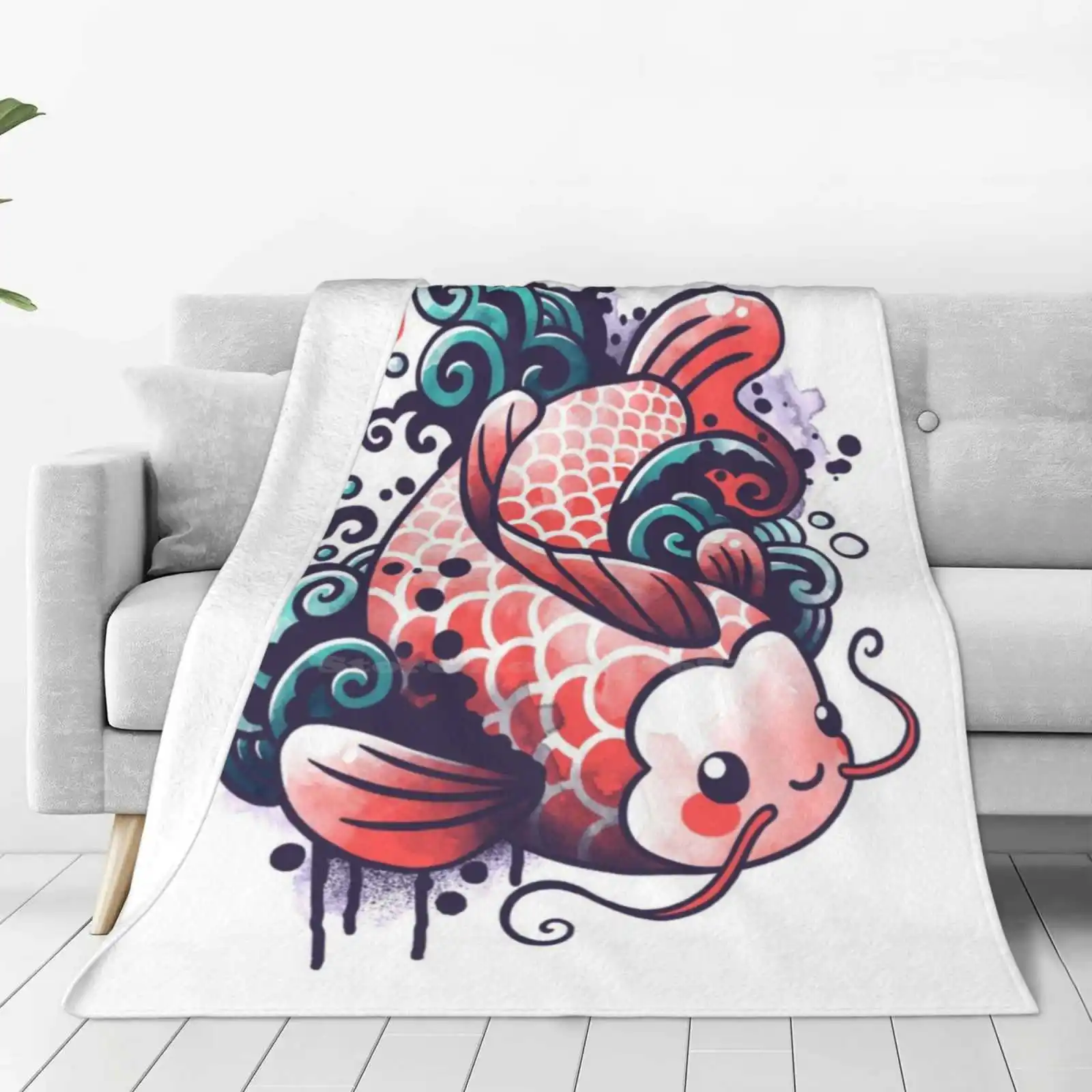 Koi Carp Fish Watercolor Soft Warm Light Thin Blanket Koi Carp Ink Tattoo Japanese Kanji Kawaii Cute Watercolor Fishing Sea