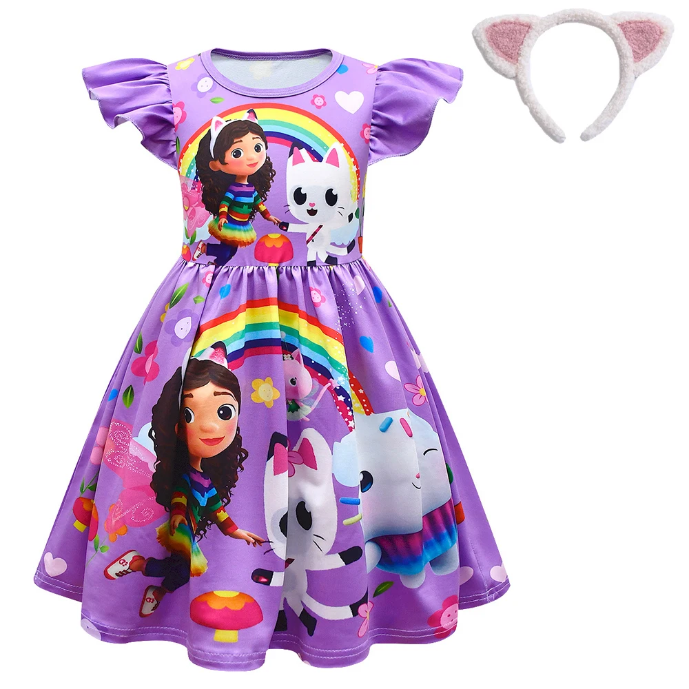 Cartoon Gabby Cats Baby Girl Dresses Kids Gabby\'s Doll House Clothes Cosplay Costume Children Fly Sleeve Casual Dress + Headband