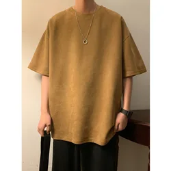 Suede T-shirt Men Oversized Fashion Solid Color Retro T Shirt Men Streetwear Summer Loose Short Sleeved T-shirt Mens Top M-3XL