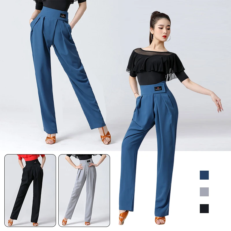 Women Latin Dance Pants Modern Dance Trousers Practice Performance Bottom Ballroom Dance Pants High Waist Lady Pants With Pocket