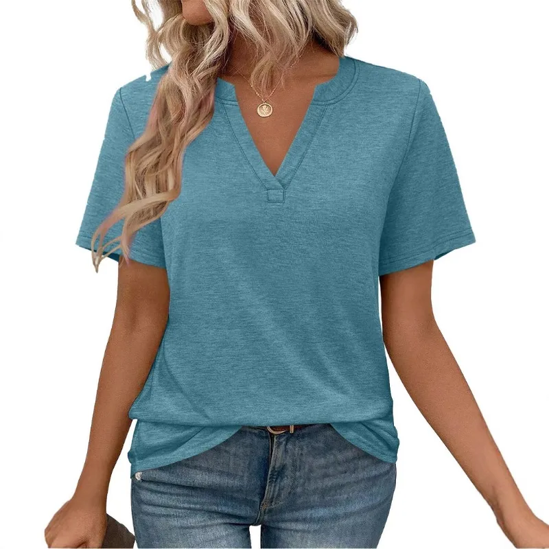 Women Solid Notch V Neck Short Sleeve Casual Slim Basic Daily Tee Top