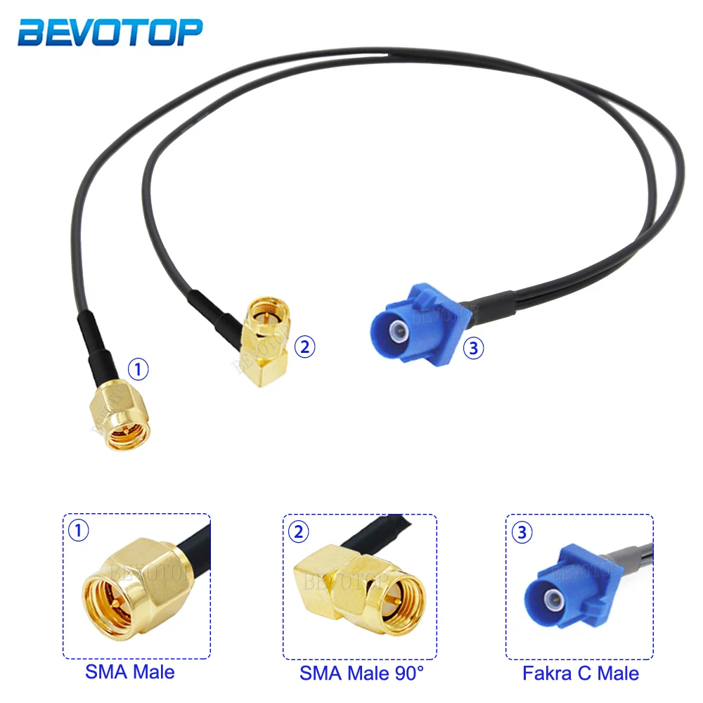 

Fakra C Male Plug to 1xSMA Male & 1x SMA Male 90 Degree Plug Adapter RG174 Y Type Splitter Cable Car GPS Antenna Extension Cord