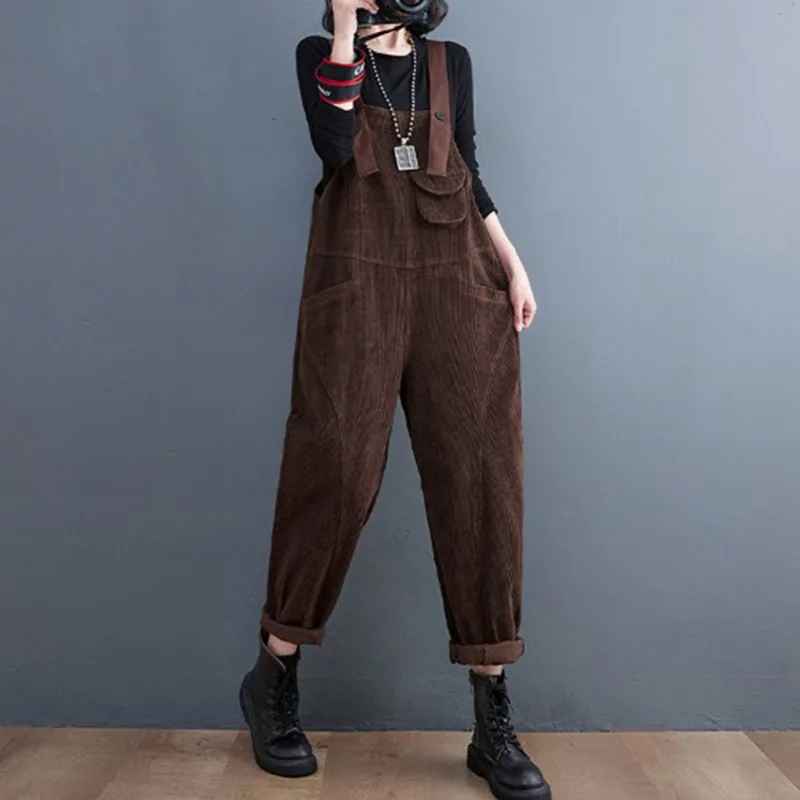 Corduroy Overalls Vrouwen Herfst En Winter Losse Grote Maat Retro Tooling Bretels Jumpsuit Afslanken Harem Lange Broek