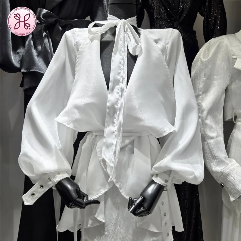 

French Hot Girl Ribbon V-Neck Long Sleeve Blouse Women Early Spring New Slimming High Waist Chiffon Pure Desire A-Line Trendy