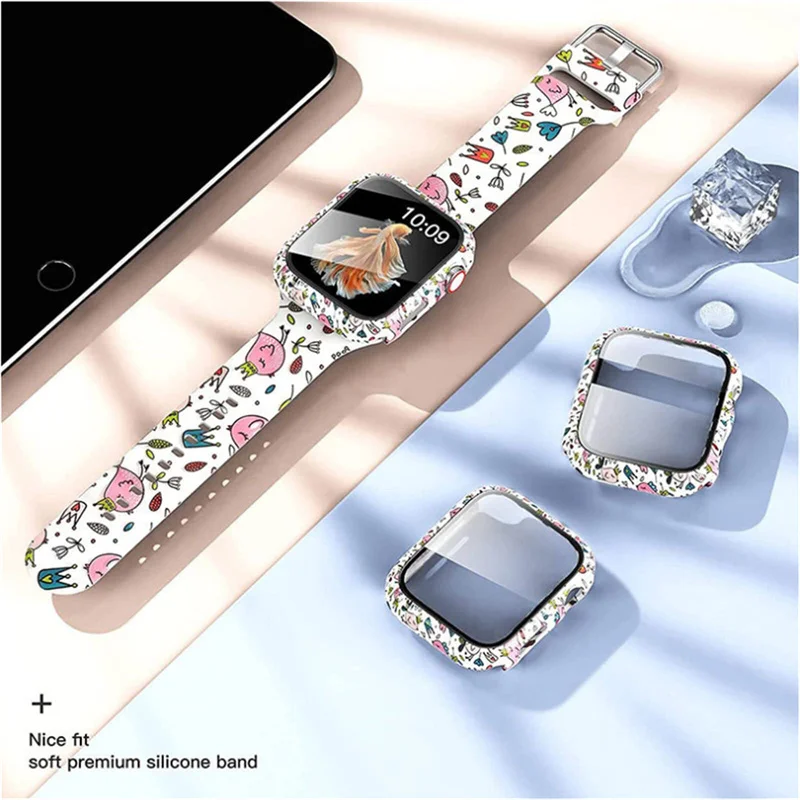 Cristal, funda y correa para Apple Watch, pulsera de silicona con estampado deportivo para iwatch series 9, 8, 7, 6, 5, 4, 3 SE, 44mm, 40mm, 41mm,