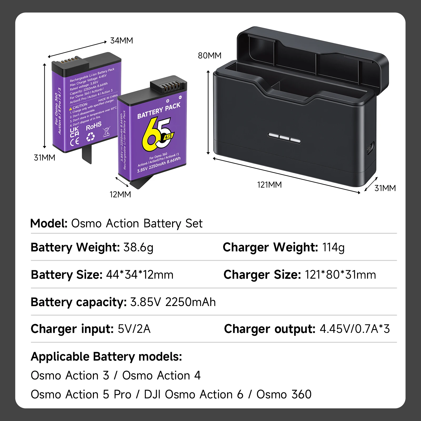 2250mAh Battery+Fast 3-Slots LED Charging Case for DJI Osmo Action 6 Action 5 Action 3 Action 4 Sports Camera Accessories