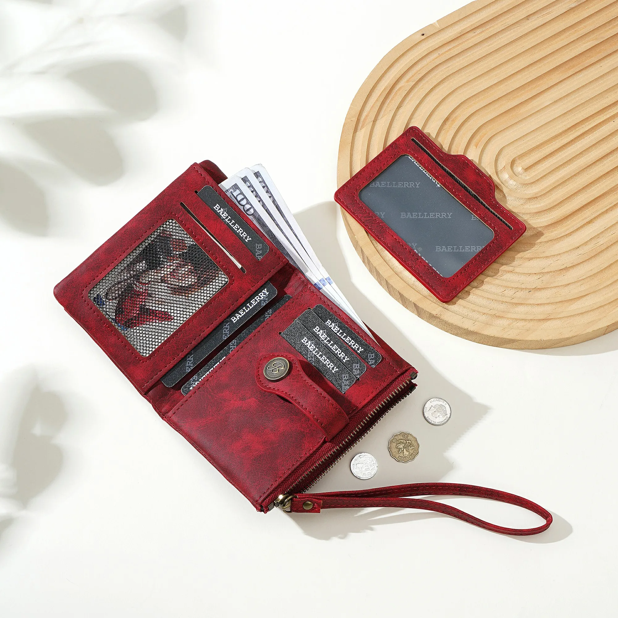1 Stück - Baellerry Damen Vintage PU-Leder Kurzbörse mit 80% Rabatt, mit Handgelenkschlaufe, 8 Kartenfächern + Ausweisfenster + abnehmbarem Kartenhalter, praktisches Geburtstagsgeschenk für Frauen. – Detail 28