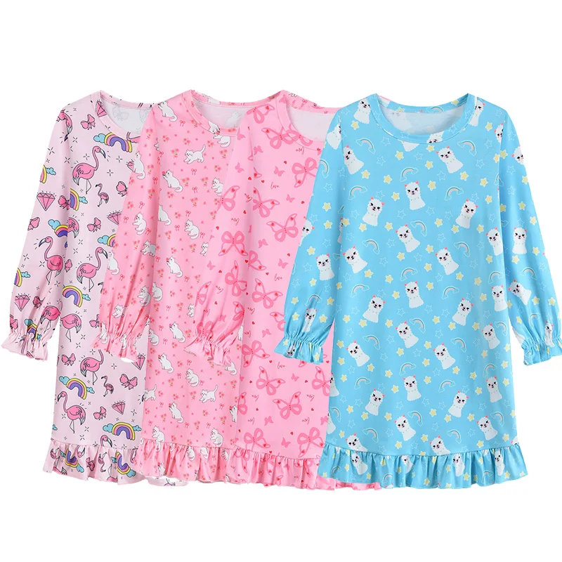 Little Hand Kids Girls Lightweight Breathable Sleep Dress Long Sleeve Cartoon Print Ruffle Cuff Home Loungewear Nightdress 3-10T