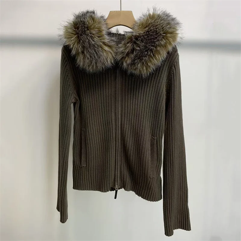 

Cardigan for women 2025 Winter New elastic knitted patchwork hooded long sleeved top Fox fur collar spliced women's sweater y2k