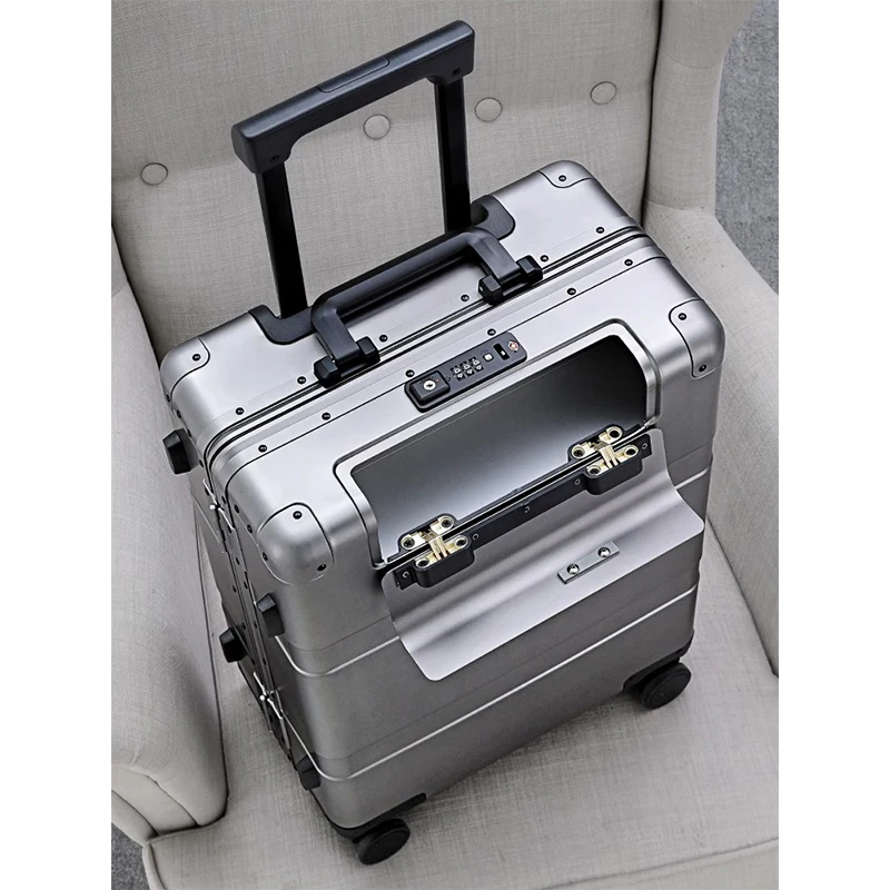 Valise à roulettes en alliage d'aluminium et de magnésium, valise d'affaires portable, ouverture frontale, 20 po, 24 po, 28 po, BLOLock