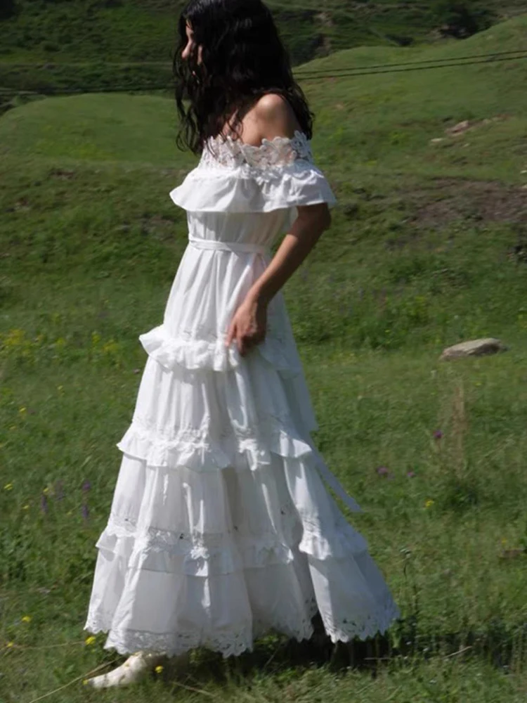 Novo babado um ombro vestidos longos primavera feminino sem mangas rendas em camadas vestido de verão cintura alta grande balanço tornozelo comprimento vestido