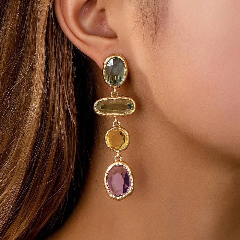 Mehrfarbige geometrische Tropfenohrringe für Damen, vergoldet, transparenter Kristall-Ohrring, modisch, für Hochzeit, Party, Alltag, Schmuck, Geschenk – Detail 2
