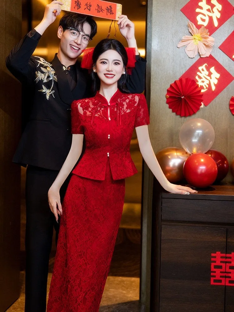 Red Wedding Dress Two-Piece Set New Chinese Style National Trend Gown Women Summer Bride Marriage Return Home Casual Clothes