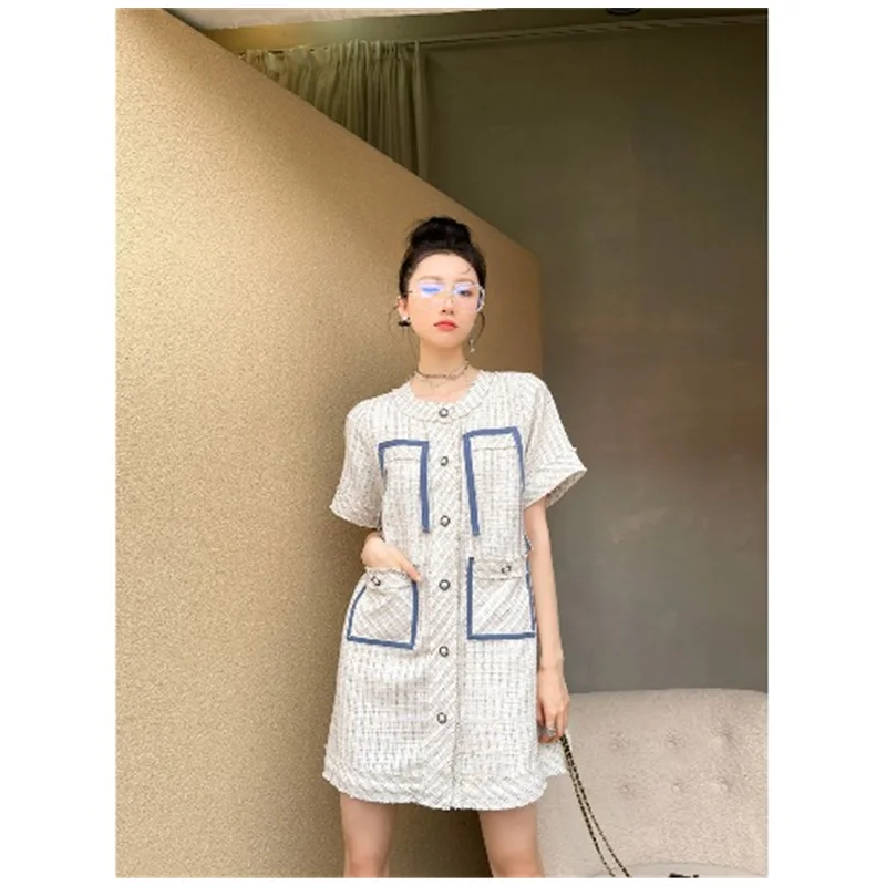 Spring Women's Clothing Dress Tea Break French Style Bird Check Simplicity Round Neck Single Breasted Short Sleeve Shirt Dress