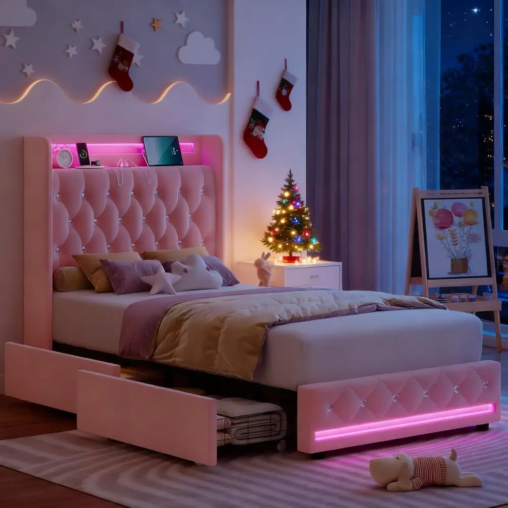 Twin Size Velvet Crystal Button-Tufted LED Bed Frame with Charging Station and 4 Storage Drawers, Pink Platform Bed for Kids/Gir