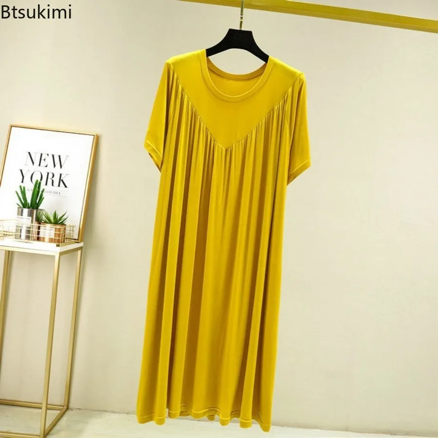 Modal Nightgown Women Cotton Clothes for Summer Loose Large Size Casual Short-sleeved Night Dress Pleated Thin Home Long Dress - view 3