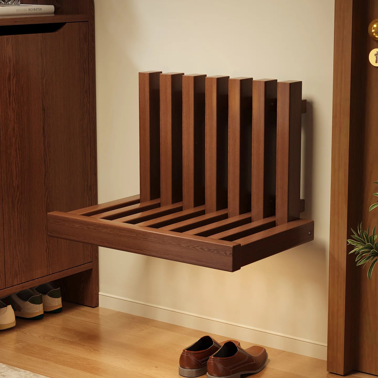 Solid wood folding shoe bench, wall-mounted home doorway shoe stool, entryway folding chair