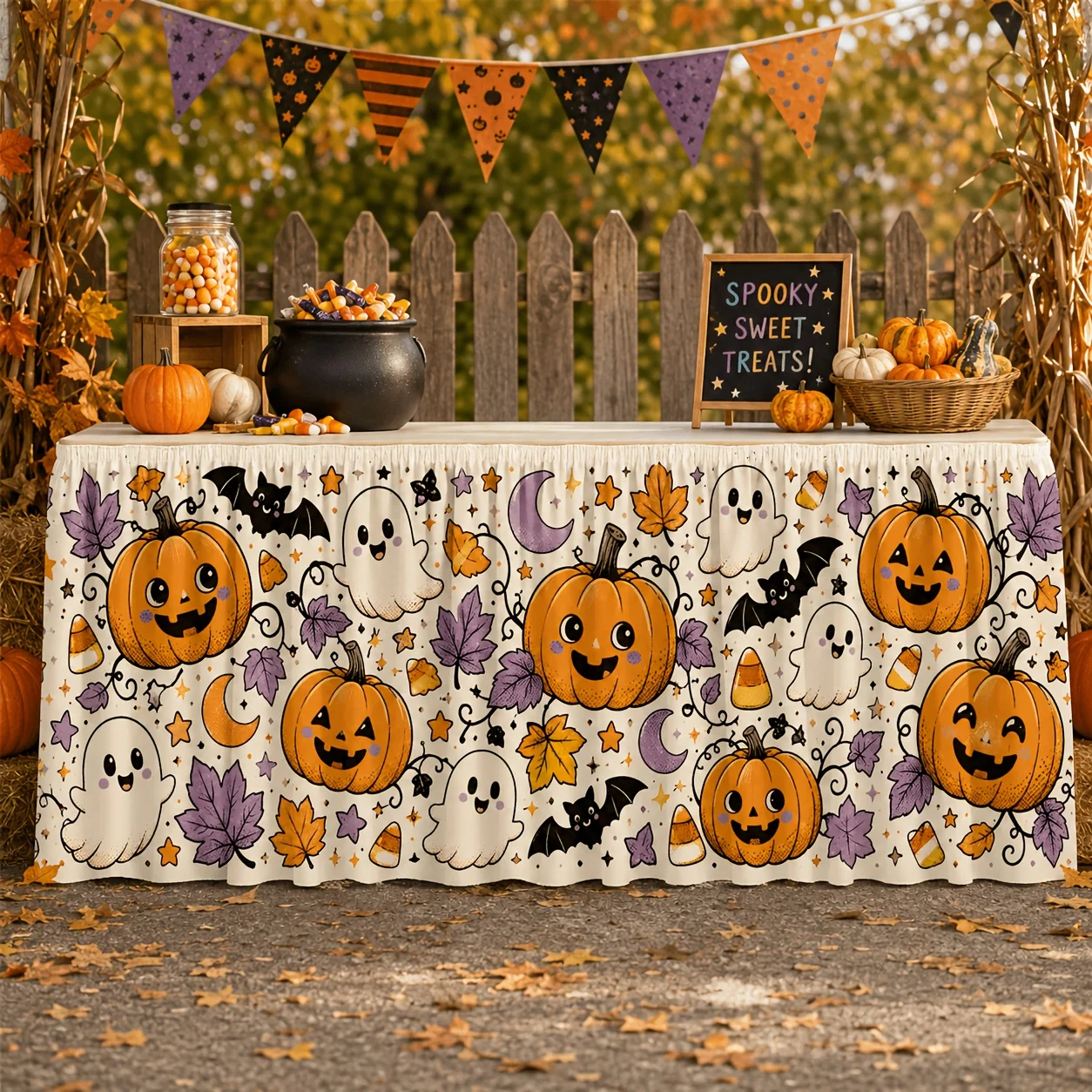 One table skirt. Cute Halloween table skirt. Happy little sidekick. Soul lamp. Ghost. Bat. Sweet corn. Autumn leaves.