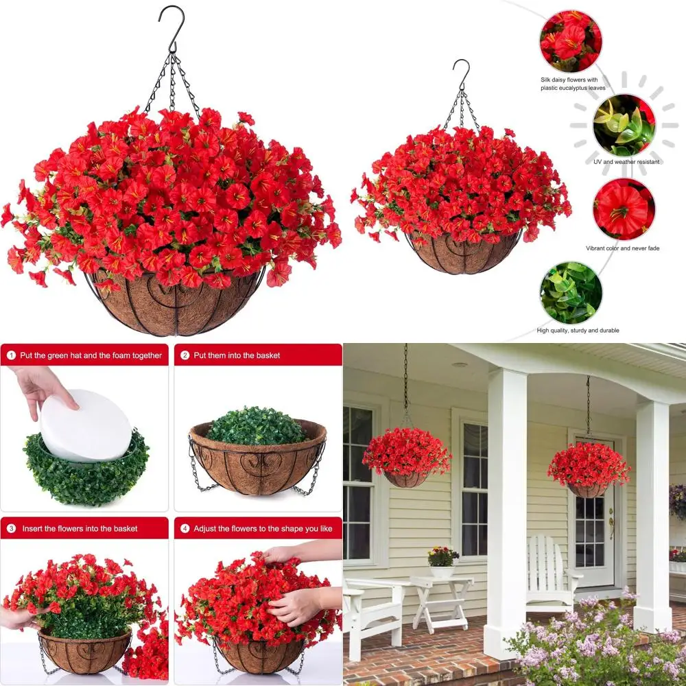 

Artificial Faux Hanging Flowers Plants Baskets for Outdoors Outside Spring Decoration, Fake Silk Red Morning Glory UV Resistant