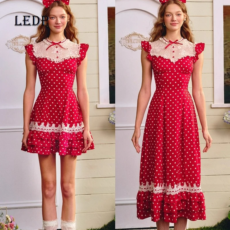 

French Sweet Polka Dot Splicing Lace Red Women's Long Dress Original New 2025 Summer Bow Cute Age-reducing Short Dresses Ladies