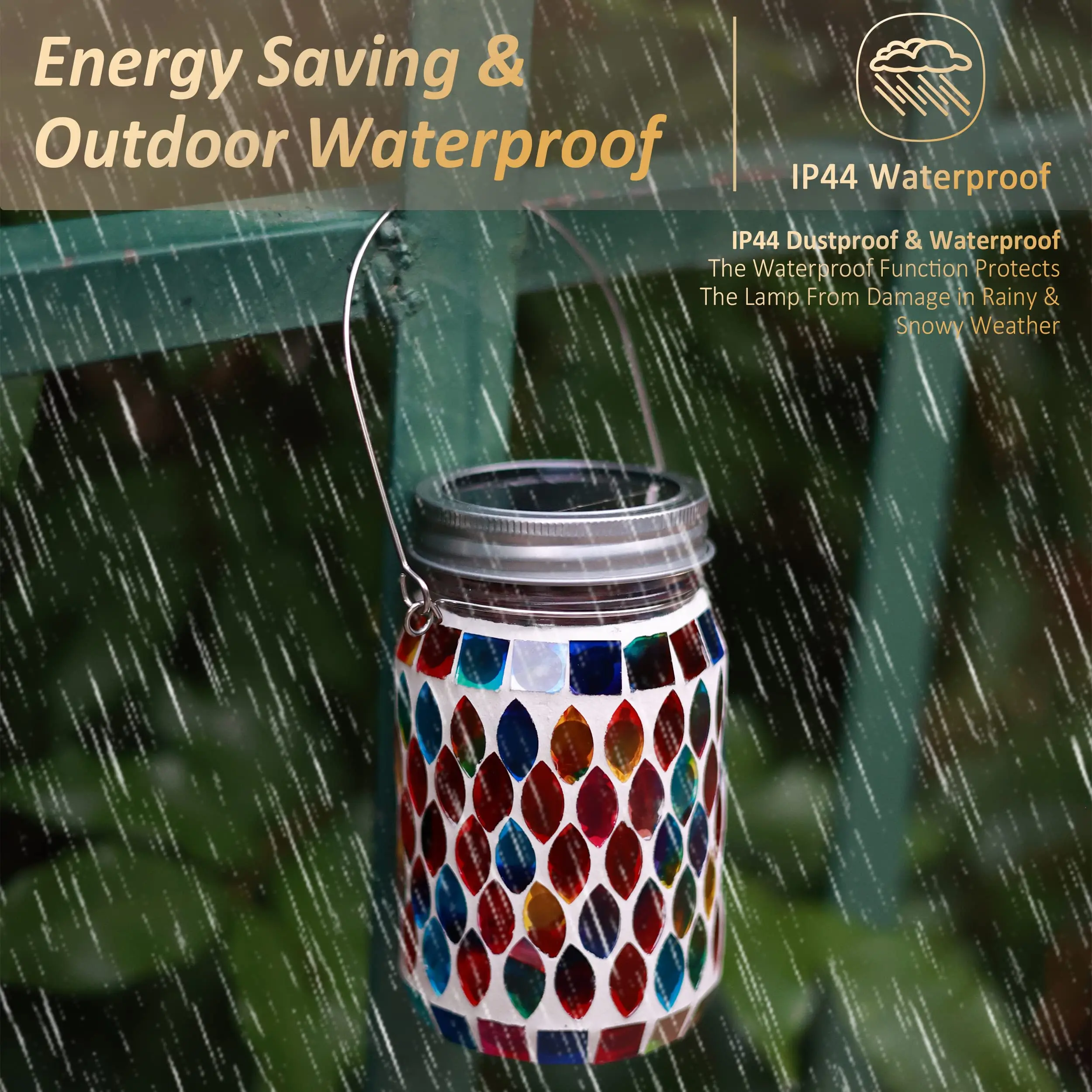 Solar Mosaic Lantern Hanging Mason Jar Glass Lights Outdoor Waterproof Table Lamp Decoration for Garden Patio Party Yard Balcony