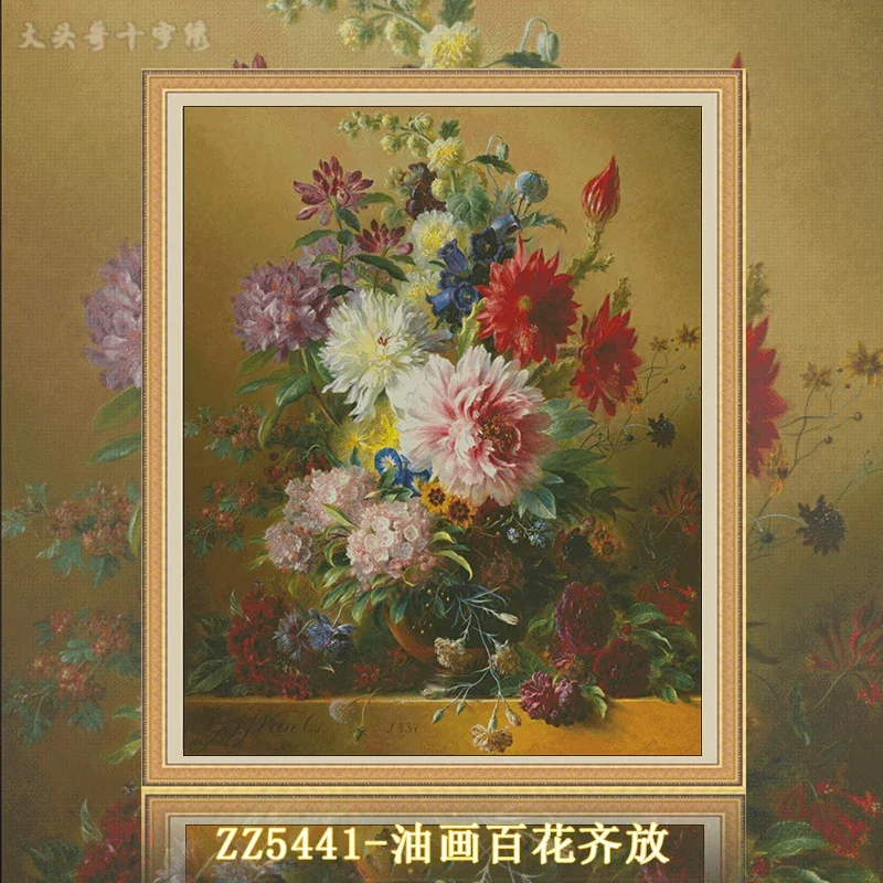[ZZ5441-Oil painting a hundred flowers bloom] Stamped Cross Stitch Kit 14CT 16CT Pre Printed Canvas Cotton Thread DIY Embroidery
