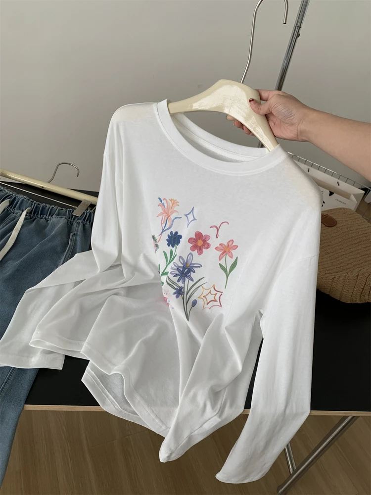 White Flower Printed Sunscreen Top Women's Lightweight Breathable Round Neck Long Sleeve T-shirt Autumn New Loose Pullover