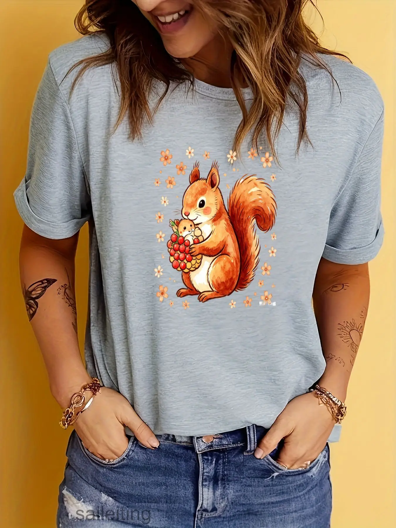 Adorable Orange Squirrel Holding Berries Watercolor Print T-Shirt Women Men Short Sleeve Summer Casual Tee Funny Cute Graphic