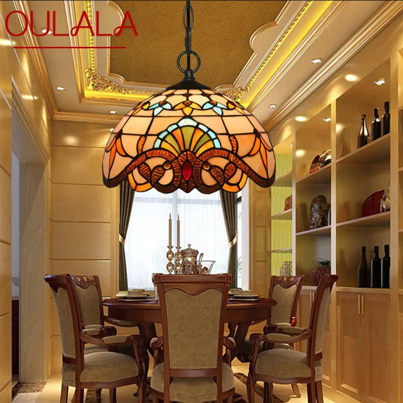 

OULALA Modern Tiffany Pendant Lamp LED Creative Baroque European Stained Glass Chandelier Light for Home Dining Bar Decor